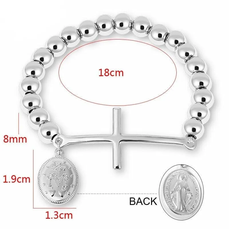 WWJD Virgin Mary Rosary Cross Stretch Strand Stainless Steel Bracelet