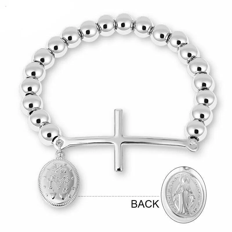 WWJD Virgin Mary Rosary Cross Stretch Strand Stainless Steel Bracelet