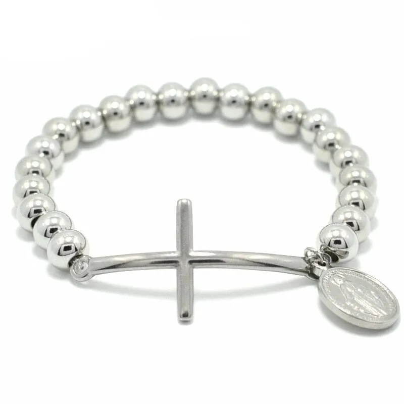 WWJD Virgin Mary Rosary Cross Stretch Strand Stainless Steel Bracelet