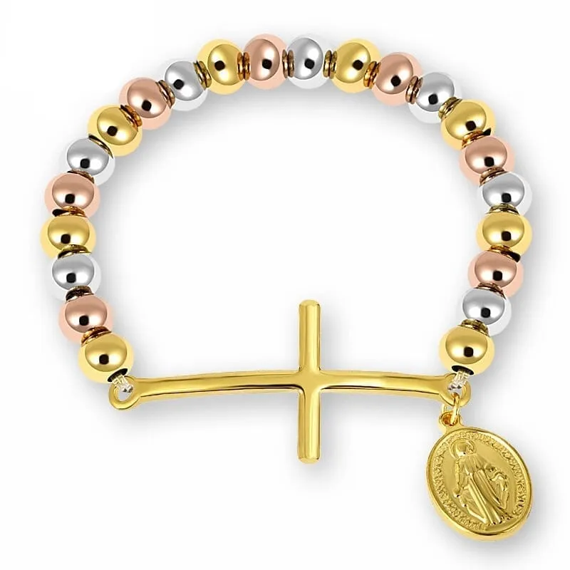 WWJD Virgin Mary Rosary Cross Stretch Strand Stainless Steel Bracelet