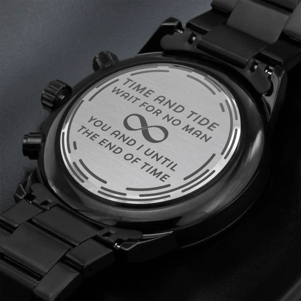 You and I Until the End of Time Infinity Love Engraved Design Black Chronograph Watch For Men